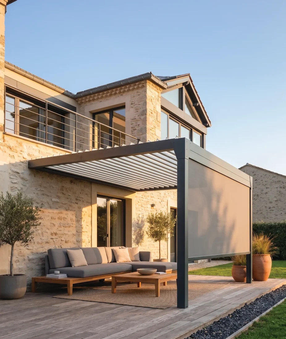 Pergola en aluminium avec store screen tissé devant une maison en pierre, salon de jardin sur une terrasse en bois